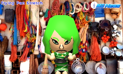 WhatsApp Winnie with bright green hair and in a green dress stretching a JPEG image of a frying pan.