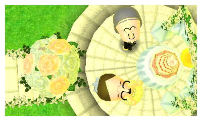 A shot from above, with The Bottle and Chinny looking up at the camera during their wedding reception. A bouquet of flowers is close up in view as Chinny just had threw it up in the air.