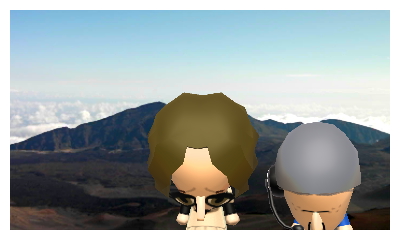 A horribly timed picture of Chinny and The Bottle slouched down with their eyes closed with a real picture of Hawaiian mountains behind them.