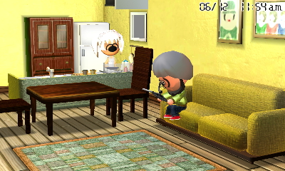Nicest Being cooking food while Mini Pilot reads the newspaper on the sofa in their house.
