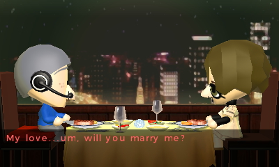 A side profile shot of Chinny and The Bottle looking across from each other as they sit at dining table filled with food. Chinny asks: My love...um, will you marry me?
